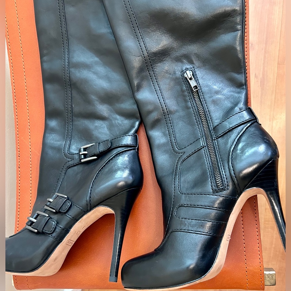 NWOT, Coach Miriam Stiletto Black Leather Boots, Buckles, 8.5 - Picture 2 of 5